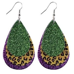 Mardi Gras Earrings, Leopard Print Mardi Gras Earrings, NOLA Glitter Earrings